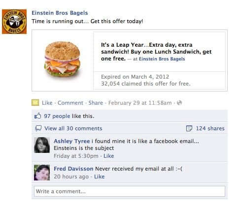 Einstein brothers bagels use Facebook Offers