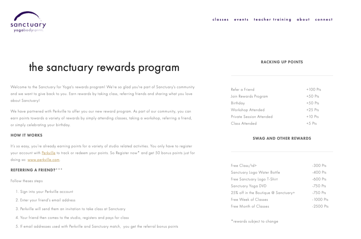Yoga studio rewards program example