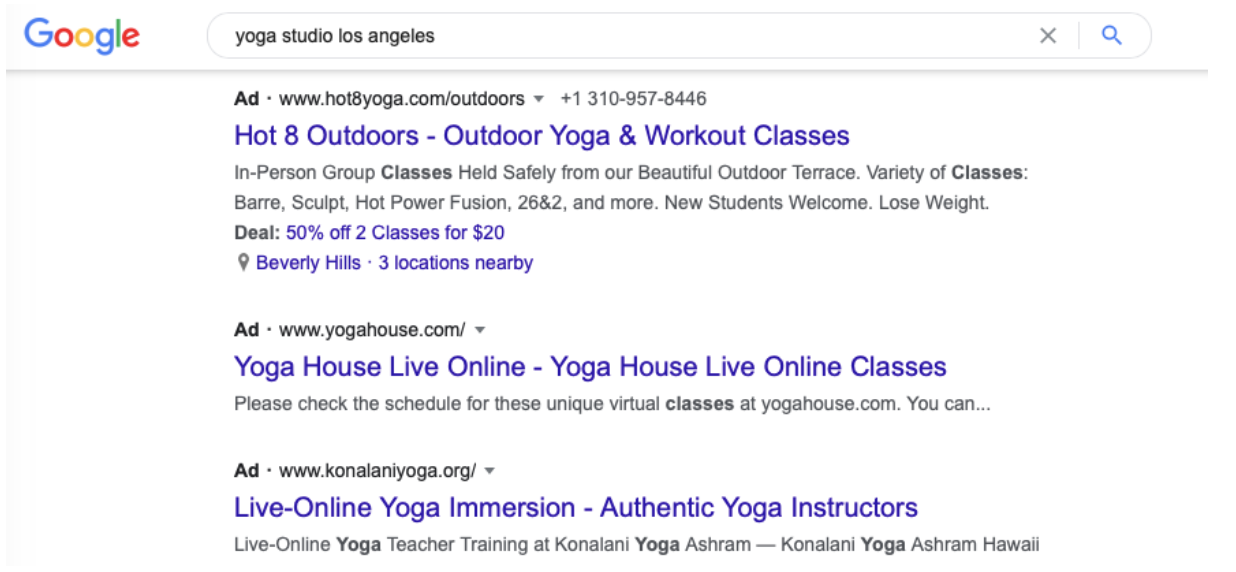 Google search Yoga Studio Los Angeles
