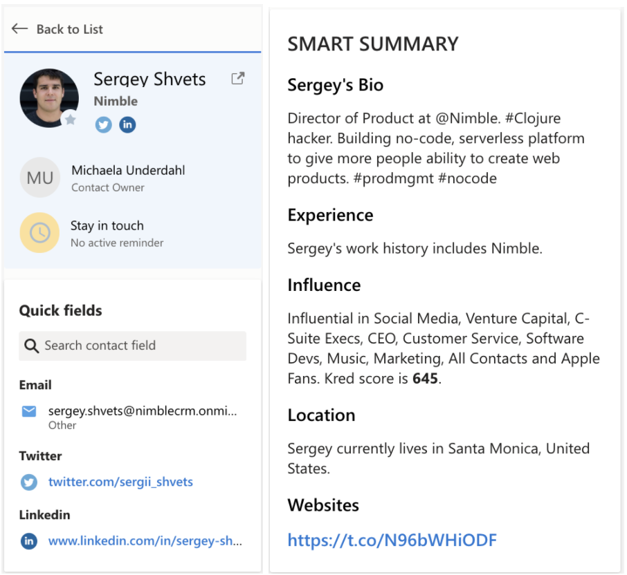 Microsoft Teams - Nimble - Contact Record Smart Summary